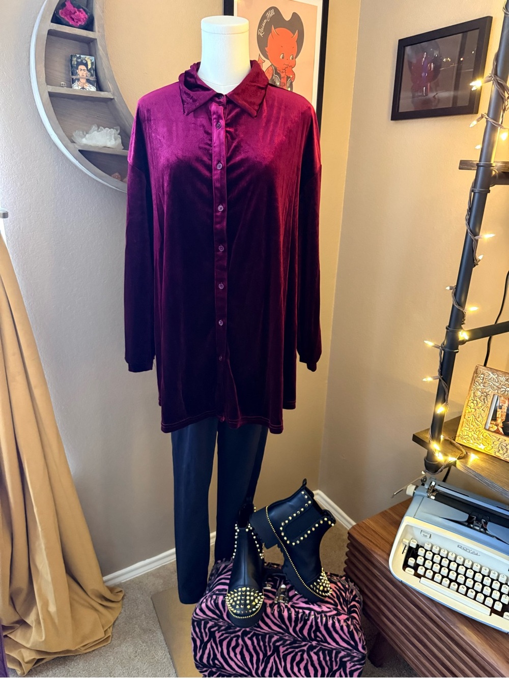 Velvet Button-Up Tunic Top in Deep Burgundy